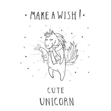Vector illustration of hand drawn cute unicorn in scarf with stars, hearts, toy hare and text – MAKE A WISH! On withe background. For print, t-shits, greeting cards, poster, children room. 