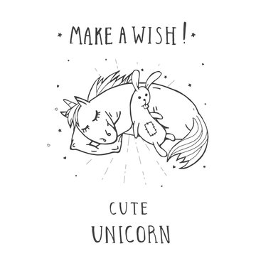 Vector illustration of hand drawn cute sleeping unicorn with bunny toy, stars and text – MAKE A WISH! On withe background. For print, t-shits, greeting cards, poster, children room decoration.