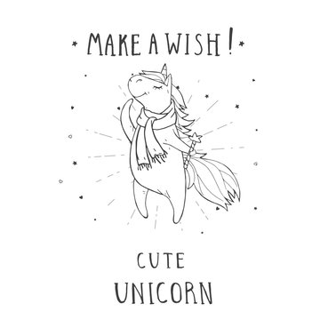 Vector illustration of hand drawn cute unicorn in scarf with stars, hearts,  and text – MAKE A WISH! On withe background. For print, t-shits, greeting cards, poster, children room decoration.