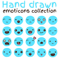 Hand drawn vector eps10 emoticons collection isolated illustrations.