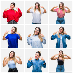 Obraz premium Collage of young beautiful woman over isolated background smiling confident showing and pointing with fingers teeth and mouth. Health concept.