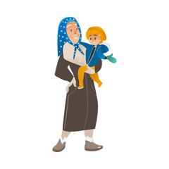 Vector cartoon cheerful elderly woman in outdoor clothing, headscarf holding in hands small boy kid smiling. Female character with positive emotions, happy family hugs
