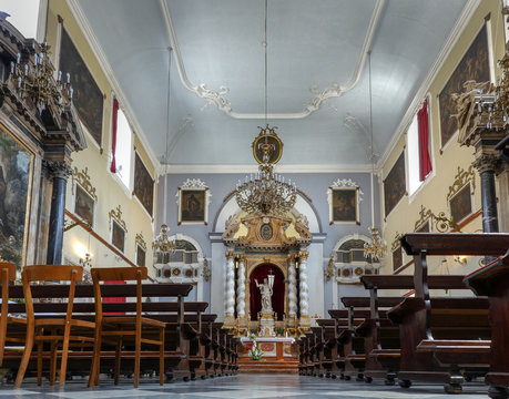 Main altar of the Franciscan Church and Monastery in Dubrovnik, Croatia with the resurrected Christ statue created by the sculptor Celia from Ancona in 1713.