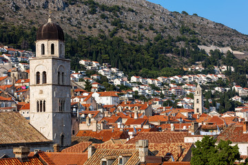Bell tower of the Franciscan Church and Monastery in Dubrovnik, Croatia, originated in the 13th century, destroyed in the 1667 earthquake, rebuilt in the 17th century.