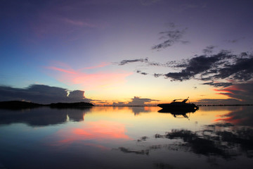 silhouette of speed boat with beautiful sunrise background
