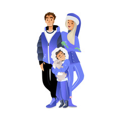 Vector cartoon family hugging at winter outdoor clothing standing together. Adult couple young mother and father near teen boy holding cute puppy in arms happy characters