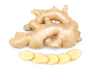 Fresh ginger root with sliced on white background for herb and medical product concept