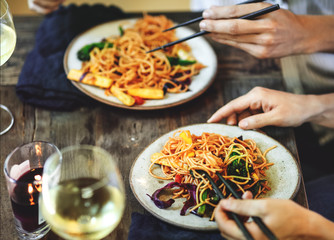 Stir fried spaghetti with organic vegetables