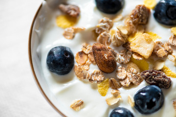 Bowl of yogurt with blueberries and granola