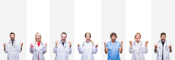 Collage of professional doctors over stripes isolated background celebrating surprised and amazed for success with arms raised and open eyes. Winner concept.