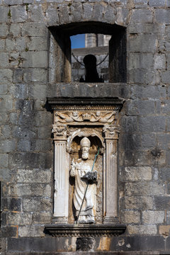 Statue of Saint Blaise, Dubrovnik’s patron saint, set in a niche over the Renaissance arch on the city's Pile Gate, built in 1537.