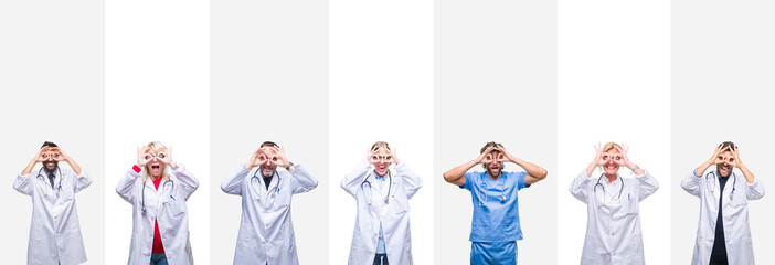 Collage of professional doctors over stripes isolated background doing ok gesture like binoculars sticking tongue out, eyes looking through fingers. Crazy expression.