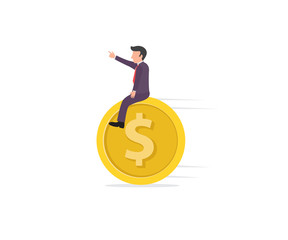 illustration of a businessman riding a coin or money symbol