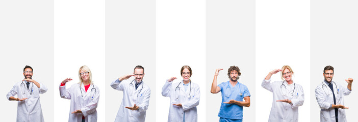 Collage of professional doctors over stripes isolated background gesturing with hands showing big and large size sign, measure symbol. Smiling looking at the camera. Measuring concept.