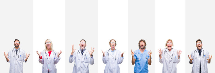 Collage of professional doctors over stripes isolated background crazy and mad shouting and yelling with aggressive expression and arms raised. Frustration concept.