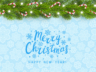 Fototapeta na wymiar Greeting card with Christmas tree border on snowflake background