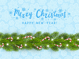 Obraz na płótnie Canvas Greeting card with Christmas tree border on snowflake background
