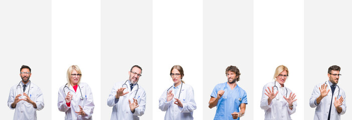 Collage of professional doctors over stripes isolated background disgusted expression, displeased and fearful doing disgust face because aversion reaction. With hands raised. Annoying concept.