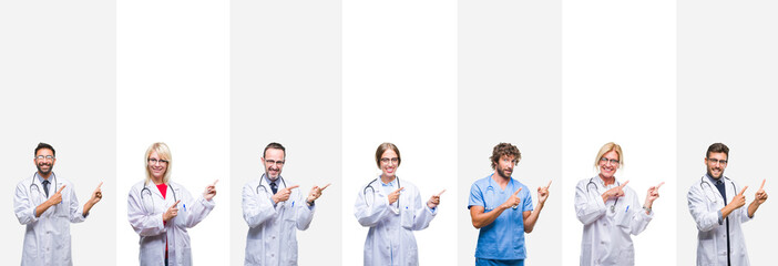 Collage of professional doctors over stripes isolated background smiling and looking at the camera pointing with two hands and fingers to the side.