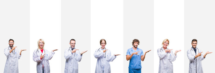 Collage of professional doctors over stripes isolated background amazed and smiling to the camera while presenting with hand and pointing with finger.