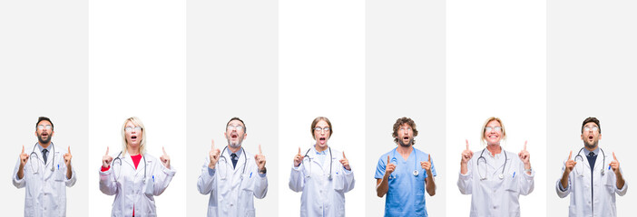 Collage of professional doctors over stripes isolated background amazed and surprised looking up and pointing with fingers and raised arms.
