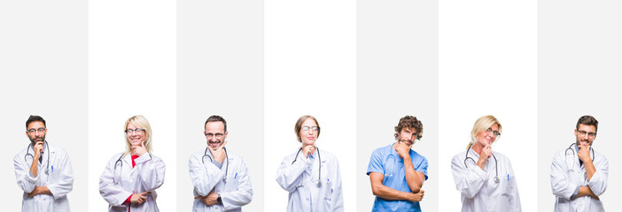Collage of professional doctors over stripes isolated background looking confident at the camera with smile with crossed arms and hand raised on chin. Thinking positive.