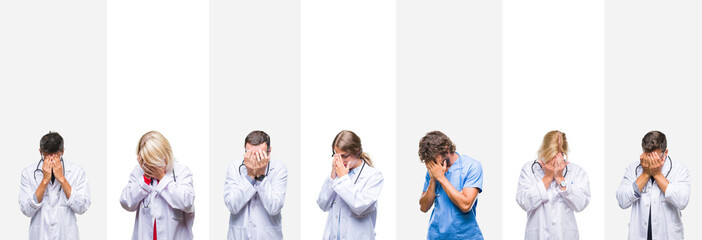 Fototapeta premium Collage of professional doctors over stripes isolated background with sad expression covering face with hands while crying. Depression concept.