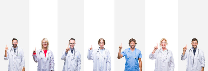 Collage of professional doctors over stripes isolated background showing and pointing up with finger number one while smiling confident and happy.