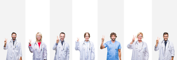 Collage of professional doctors over stripes isolated background showing and pointing up with fingers number two while smiling confident and happy.