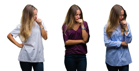 Collage of young beautiful blonde woman over isolated background feeling unwell and coughing as symptom for cold or bronchitis. Healthcare concept.