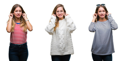 Obraz premium Collage of young beautiful blonde woman over isolated background covering ears with fingers with annoyed expression for the noise of loud music. Deaf concept.