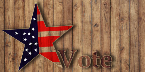 Fototapeta na wymiar Vote, text on wooden background with usa flag in star shape