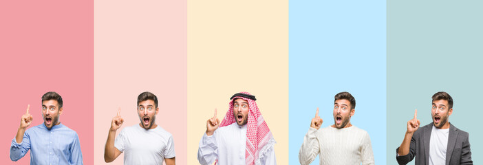Collage of handsome young man over colorful stripes isolated background pointing finger up with successful idea. Exited and happy. Number one.