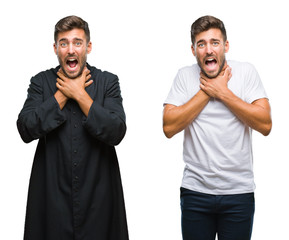 Collage of handsome young man and catholic priest over isolated background shouting and suffocate...