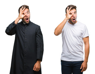 Collage of handsome young man and catholic priest over isolated background doing ok gesture shocked...