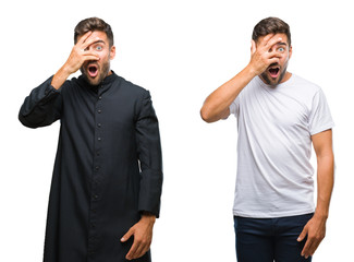 Collage of handsome young man and catholic priest over isolated background peeking in shock...