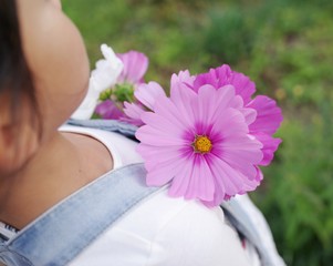 Obraz na płótnie Canvas コスモスの花を摘み取る女の子