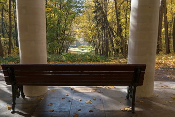 Золотая осень в парке, скамейка в павильоне.