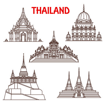 Thailand Bangkok temples vector line icons