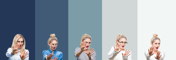 Collage of young beautiful blonde woman over vivid colorful vintage green isolated background afraid and terrified with fear expression stop gesture with hands, shouting in shock. Panic concept.