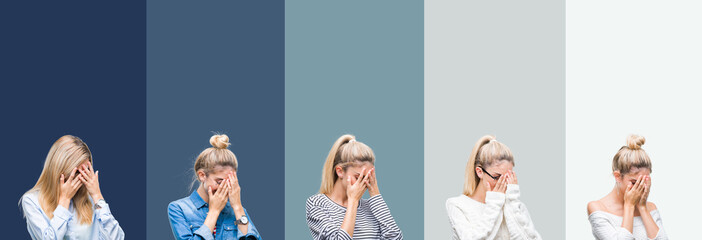 Collage of young beautiful blonde woman over vivid colorful vintage green isolated background with sad expression covering face with hands while crying. Depression concept.