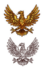 Golden gothic eagle, vector heraldic sketch icon