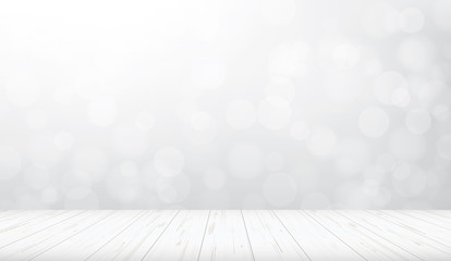 Wooden floor perspective with light blurred bokeh background used for montage or display product. Vector.