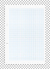 Graph paper sheet with blue pattern on transparent background and soft shadow. Vector.