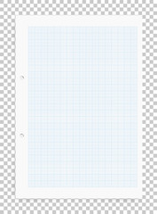 Graph paper sheet with blue pattern on transparent background and soft shadow. Vector.