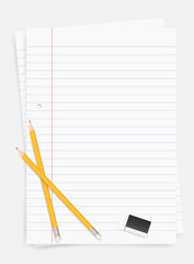 Pencil and eraser on white paper sheet background with area for copy space. Vector.