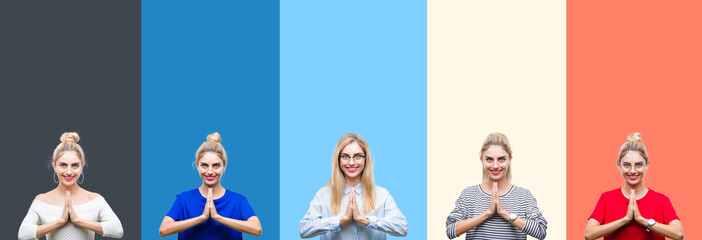 Collage of young beautiful blonde woman over vivid colorful vintage stripes isolated background praying with hands together asking for forgiveness smiling confident.