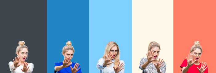 Collage of young beautiful blonde woman over vivid colorful vintage stripes isolated background afraid and terrified with fear expression stop gesture with hands, shouting in shock. Panic concept.