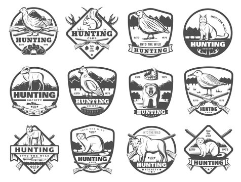 Hunt club wild animals and birds vector icons