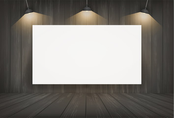 White canvas frame in dark room space background. Vector.